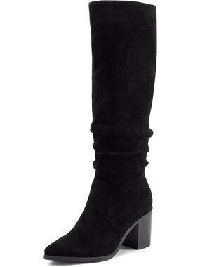 Women Knee High Boots Chunky Heel Faux Suede Square Toe Boots Pointed Toe Black